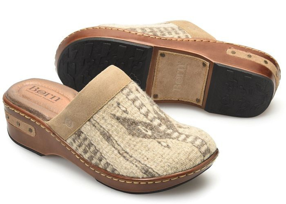 Born Bandy Taupe Birch Blanket Wool Womens Clogs Shoes Mules size 7